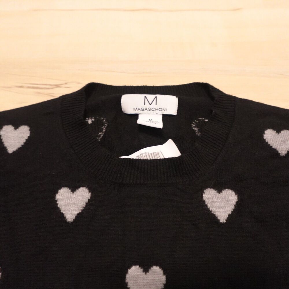 M Magaschoni Women M Sweater Black‎ Gray Heart Print Pullover Stretch Knit - Picture 3 of 7